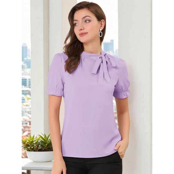 Bow Tie Neck Tops Workwear Short Sleeve Blouse Purple - Picture 2 of 6